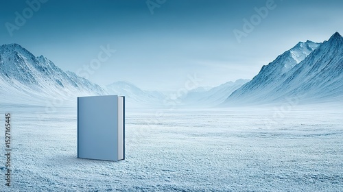 Blank book in a snowy mountain landscape.