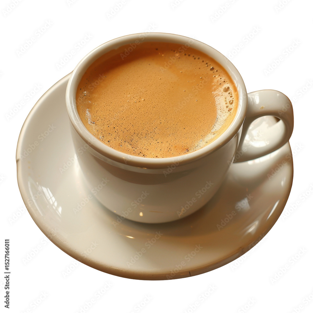 Fototapeta premium Steaming cup of coffee sits on white saucer, showcasing rich, frothy surface that invites warmth and comfort. beverage is perfect for cozy morning or afternoon break
