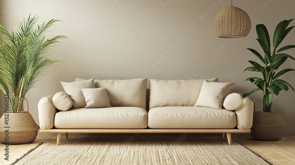 Fototapeta premium Cozy beige couch with plants and natural decor in serene living room setting