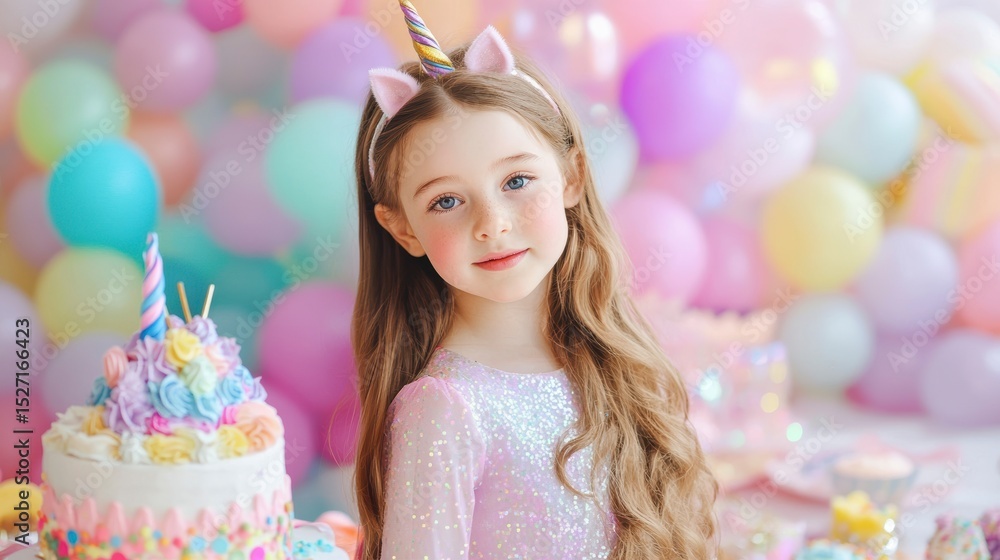 Happy girl with unicorn headband at birthday party with cake and balloons. Happy girl with unicorn headband at birthday party with cake and balloons.