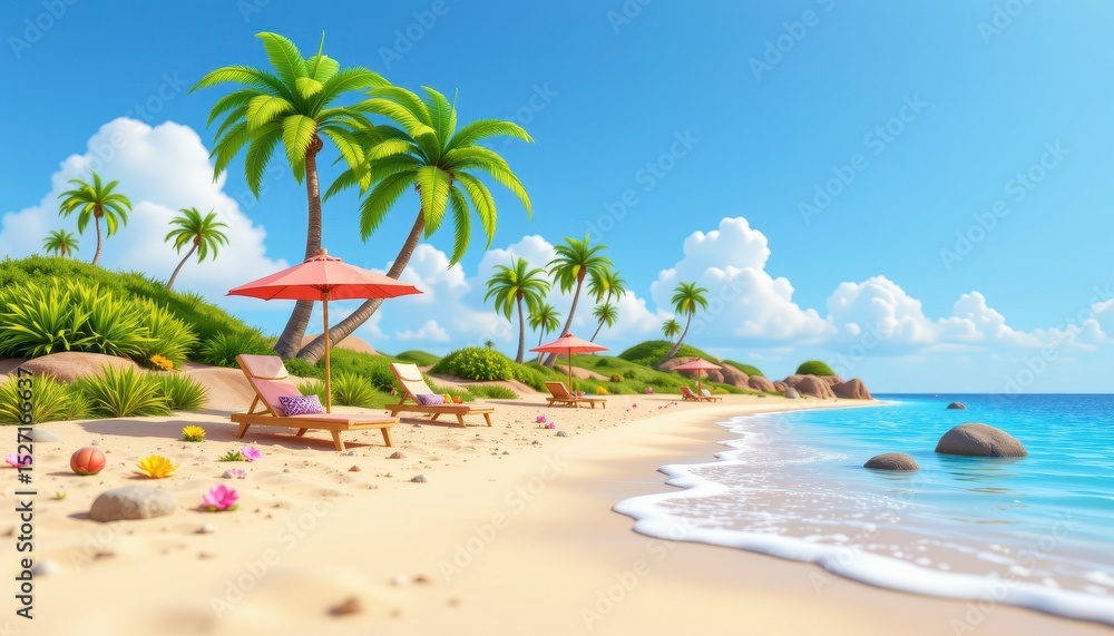 Obraz premium Bright and Serene Tropical Beach with Palm Trees, Sun Loungers, and Tranquil Ocean View Under Clear Blue Sky