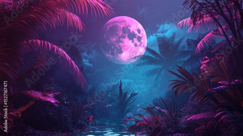 Wallpaper Mural Surreal tropical night landscape with pink moon and vibrant vegetation fantasy Torontodigital.ca