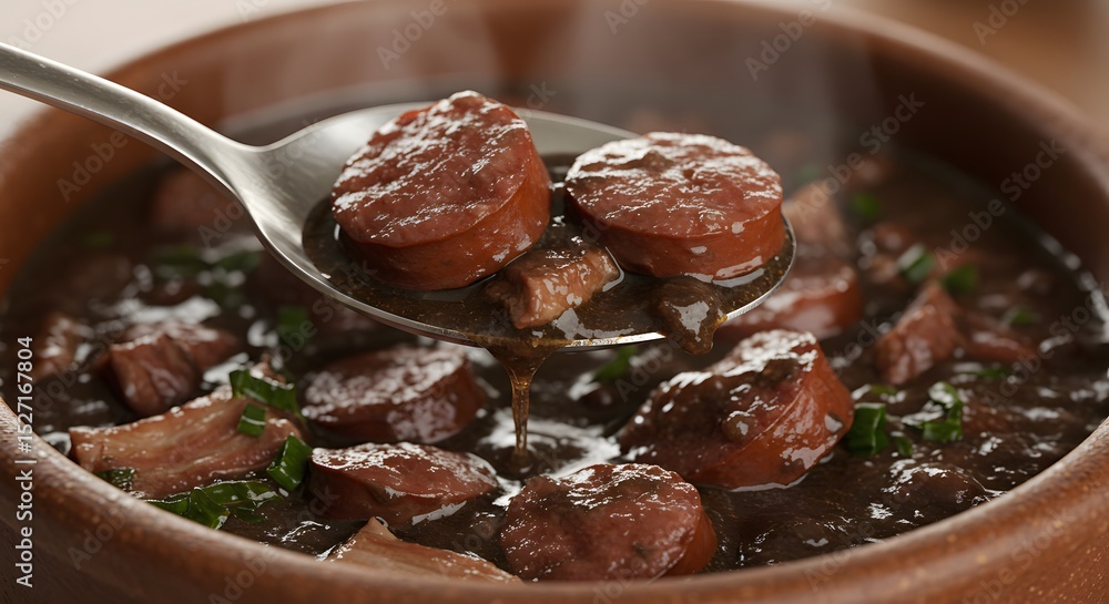 Spoon diving into rich feijoada with visible sausage and pork cuts. Spoon diving into rich feijoada with visible sausage and pork cuts.