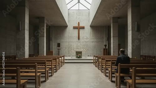 Empty church interior with rows of pews