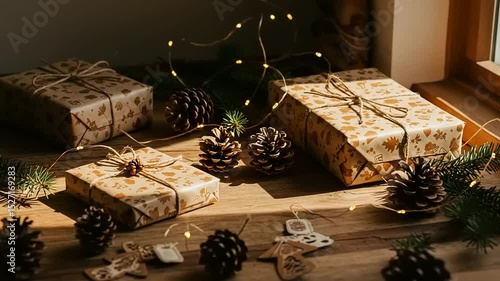 Wrapped presents with pine cones and fairy lights on a wooden surface.