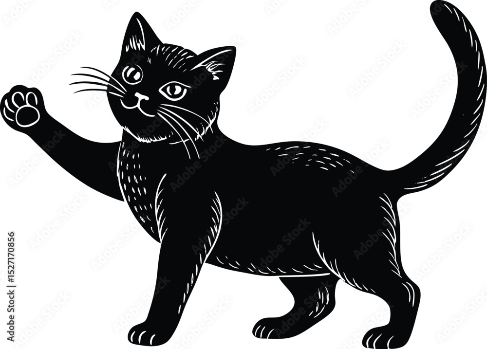 Obraz premium Playful Black Cat Silhouette with Raised Paw in Engraved Vintage Style