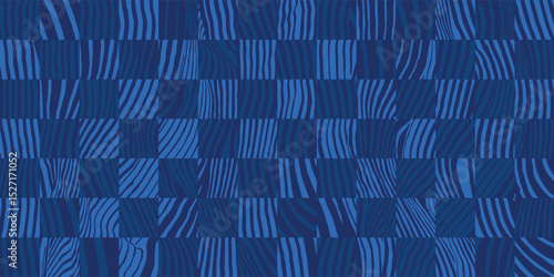 Hand drawn top view of swimming pool tiles distorted from water pattern, abstract brush lines checkers chess board in blue, squares experimental optical graphic for textile, carpet, decoration