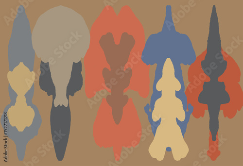 Hand drawn abstract strange cute colorful  imaginary foliage shapes background, tribal and ethnic block print simple and creative graphic for textile, decoration, carpet