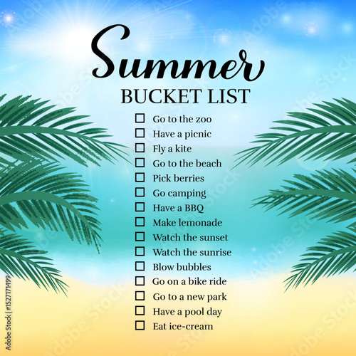 Summer bucket list. Funny things to do checklist. Seasonal activity planner page. Vacations wish list. Easy to edit vector template.