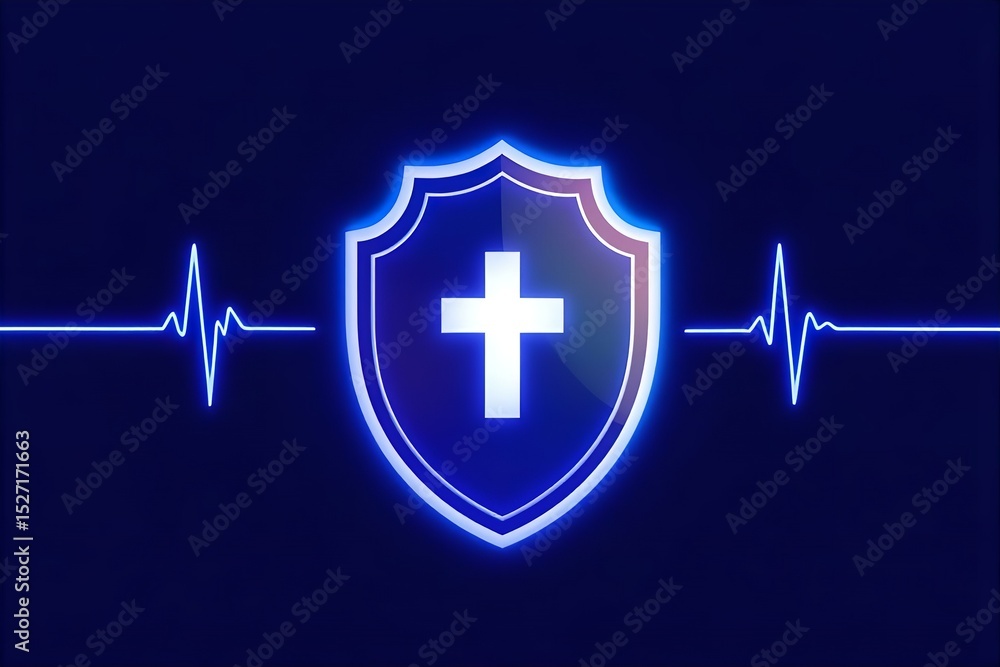 Obraz premium Christian Health Shield: Neon Cross, Heartbeat Line Art - Faith-Based Healthcare Protection, Religious Medical Symbol, Blue Graphic Design
