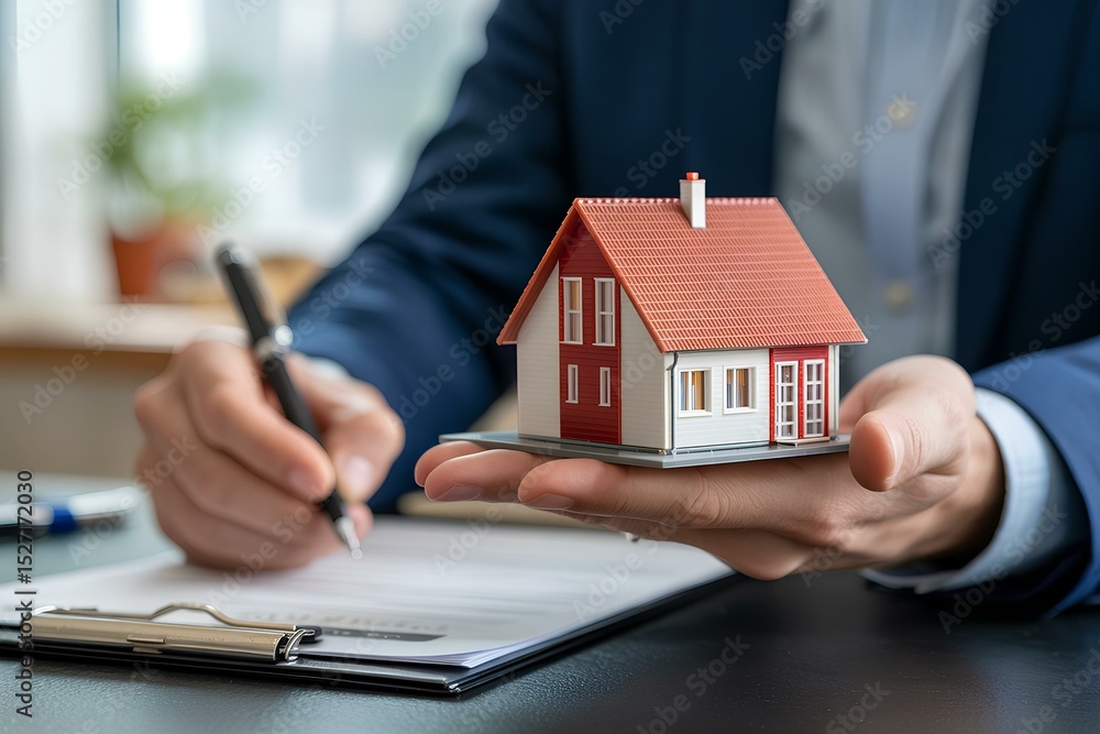 Fototapeta premium House model with real estate agent and customer discussing for contract to buy house, insurance or loan real estate background. Businessman negotiate or discussing financial home investment deal