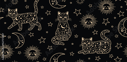 Celestial cat seamless pattern. Golden starry cats repeat background. Mystery stars, sun, moon on the black. Magic sky textile design, fabric, wallpaper. Minimal line art.