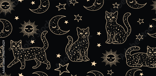 Celestial cat seamless pattern. Golden starry cats repeat background. Mystery stars, sun, moon on the black. Magic sky textile design, fabric, wallpaper. Minimal line art.