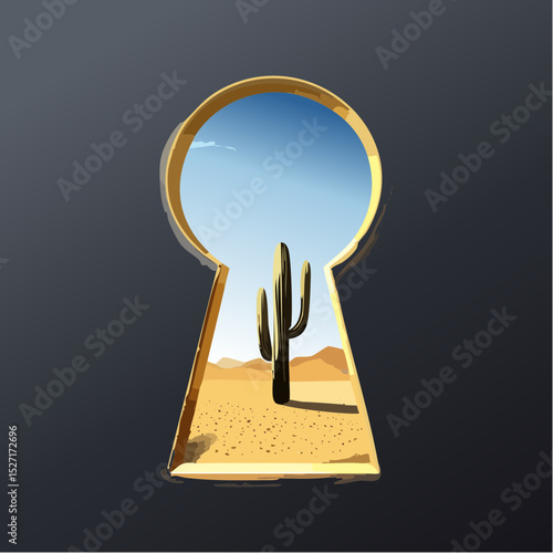 Desert landscape with cactus seen through a keyhole shape, under a dramatic sky.