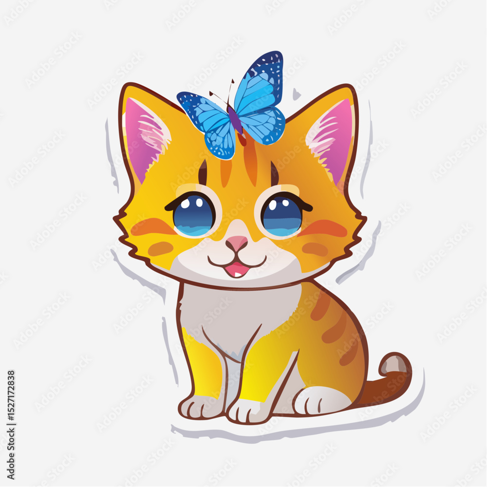 Fototapeta premium Cute cartoon kitten with butterfly on head, drawn in bright color with big eyes and sweet expression.