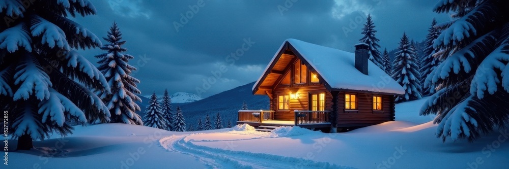 Wide panoramic view, snow-laden trees, illuminated Christmas cabin , idyllic, cabin, panoramic Wide panoramic view, snow-laden trees, illuminated Christmas cabin , idyllic, cabin, panoramic