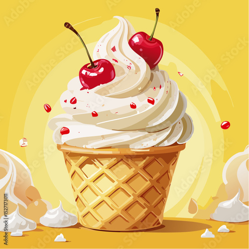 Soft serve swirl topped with cherry and sprinkles, served in cone, cup, or bowl with bright yellow background.