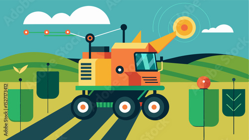 A robotic harvester equipped with advanced mapping technology allowing for realtime tracking and monitoring of harvested crops improving traceability and quality control.. Vector illustration