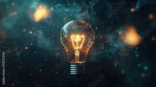 Illuminated bulb, glowing warmly in dark background
