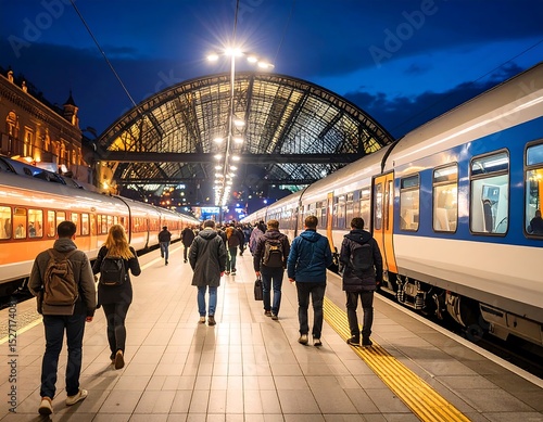 Crowded train station platform at night