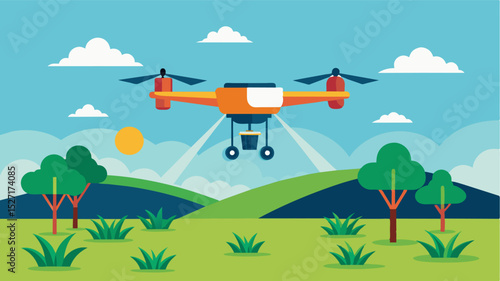 An aerial drone conducting a flyover of a grazing field collecting data on vegetation health and feed availability for livestock.. Vector illustration