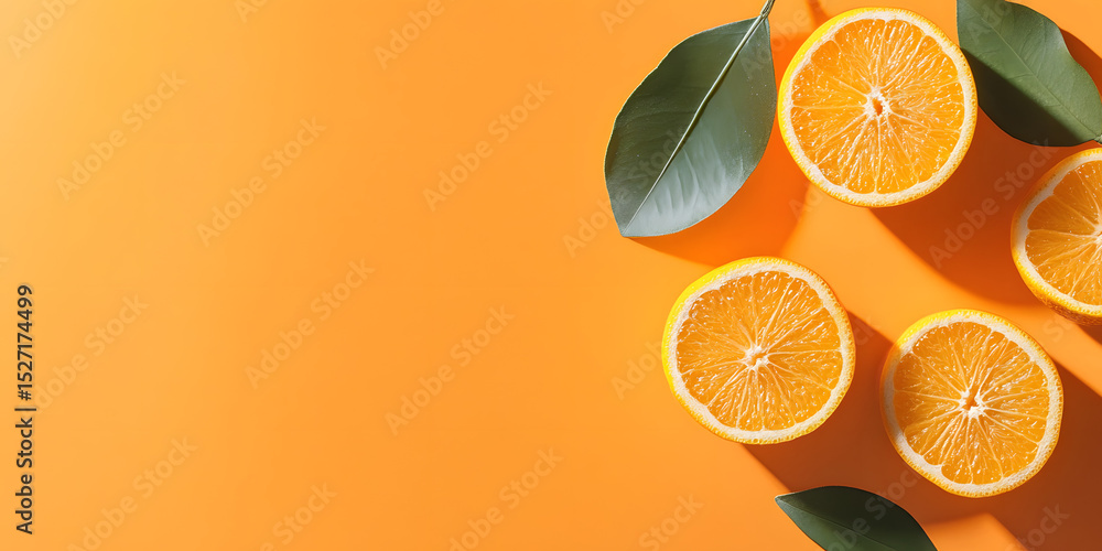 Fototapeta premium Citrus Delight: A visually stunning composition features vibrant, freshly cut orange halves arranged alongside lush green leaves on a vivid orange backdrop.