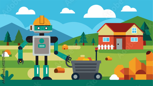 A robotic waste collector roaming the farm collecting and disposing of waste in designated areas.. Vector illustration