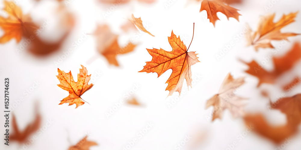 Fototapeta premium Autumn Leaves in Motion: A captivating display of individual autumnal leaves swirling through the air, each bearing its unique shade of orange and brown against a bright backdrop.