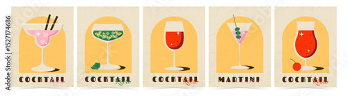 Set of retro posters with summer cocktail in glass. for pub, bar, cafe, restaurant. Vector illustration with grungy wall textured