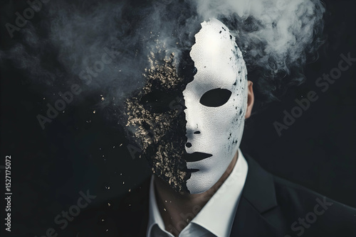 Man with smoke and mask, symbolizing identity crisis and inner conflict.