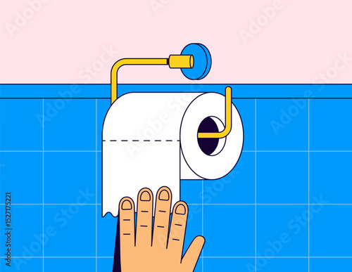 Flat cartoon-style vector of a hand pulling toilet paper from a wall-mounted holder against tiled bathroom wall vector illustration hand drawn