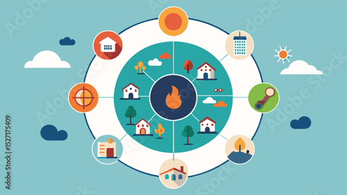 A circular diagram displaying the interconnected nature of climate change famine and civil unrest in vulnerable regions.. Vector illustration