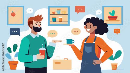 The freelancer took a break from their work to chat with the friendly barista exchanging art tips and recommendations for the mustsee exhibits in the gallery.. Vector illustration