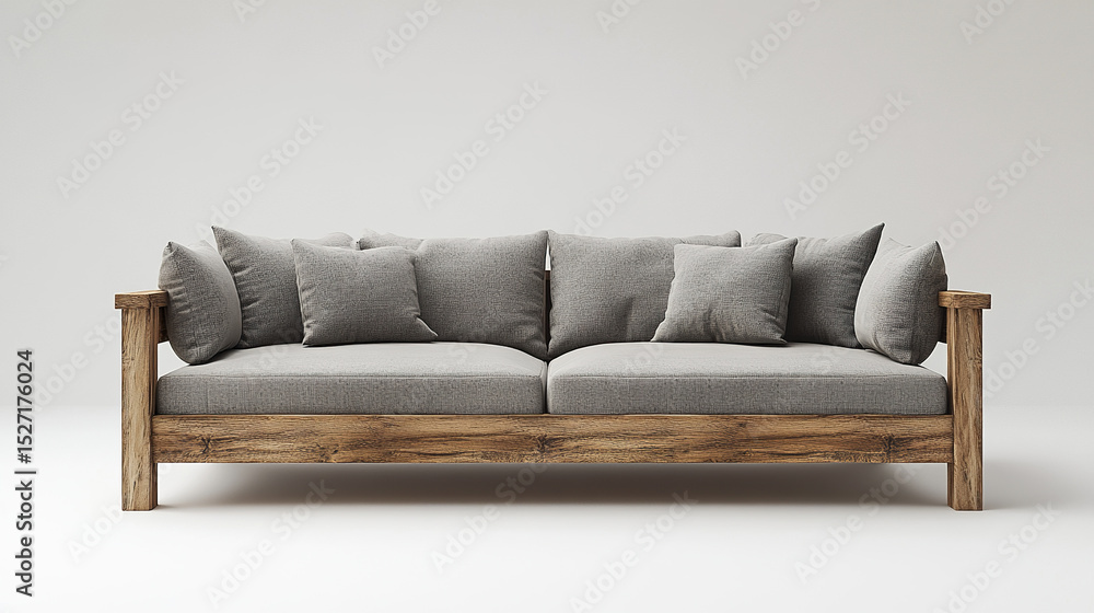 Fototapeta premium Modern sofa with wooden frame and gray cushions, perfect for stylish interiors