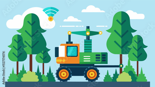 A robotic harvester uses advanced sensors and machine learning algorithms to select and down mature trees with precision minimizing damage to surrounding vegetation.. Vector illustration
