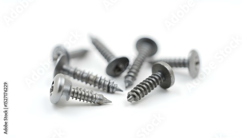Close - up of Metal Screws on White Background, Showcasing Industrial Parts & Fastener Details, for Mechanical Engineering, Hardware Tools, Repair Manuals, Industrial Design, Product Display Scenarios