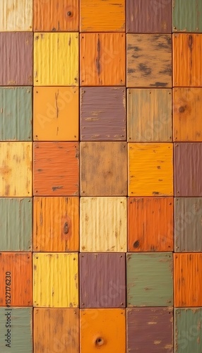 Colorful Wooden Blocks Mosaic Background, Showcasing Retro Distressed Style & Diverse Color Combination, for Interior Decoration, Cultural & Creative Design, Fashion Illustration, Art Installation