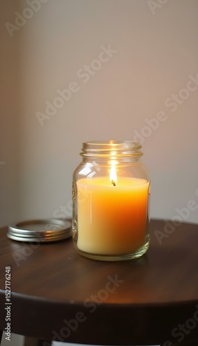 Lit Glass Jar Candle, Creating a Cozy Atmosphere, for Home Decoration, Aromatherapy Scenarios, Life Aesthetics, Photography Illustration, Relaxing Space Design
