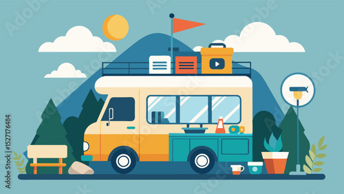 The ultimate worklife balance can be achieved with a mobile office in a camper van combining productivity with the freedom of exploration.. Vector illustration