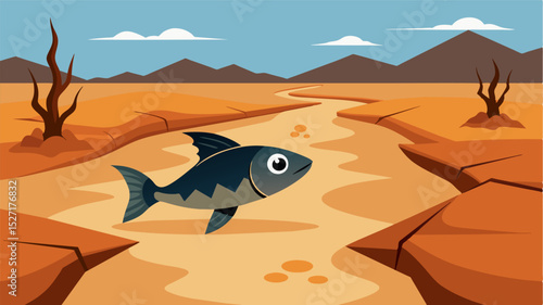 A lone fish flopping helplessly on the cracked riverbed its struggle for survival futile in the dry barren landscape.. Vector illustration