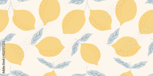 Seamless pattern with lemons. Italian summer vacation. Flat print, background with citrus fruits. Vector trendy design for fabric, wrapping paper