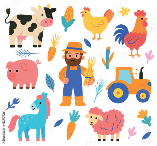 Set of farm animals and farm elements with food and vehicle illustration