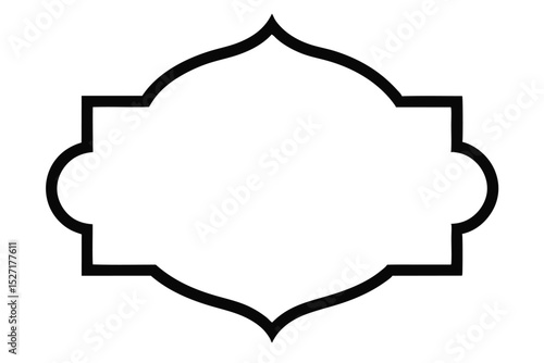black and white image featuring a decorative, abstract shape that resembles a cartouche or a stylized label. It has a horizontal rectangular body with curved indentations on the left and rig