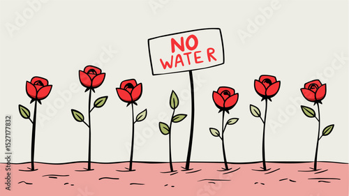 A row of wilted flowers p in front of a crudely drawn sign with No Water Here scribbled in red crayon symbolizing the tragic effect of water scarcity on plant life.. Vector illustration