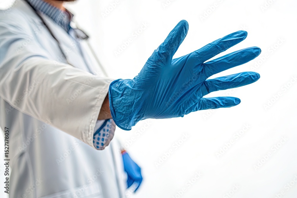 Medical professional in blue gloves gesturing towards the camera in a bright, sterile environment Medical professional in blue gloves gesturing towards the camera in a bright, sterile environment