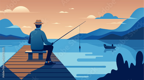 A lone fisherman sits on the edge of the pier staring out at the calm waters that used to provide him with a livelihood now restricted and regulated.. Vector illustration