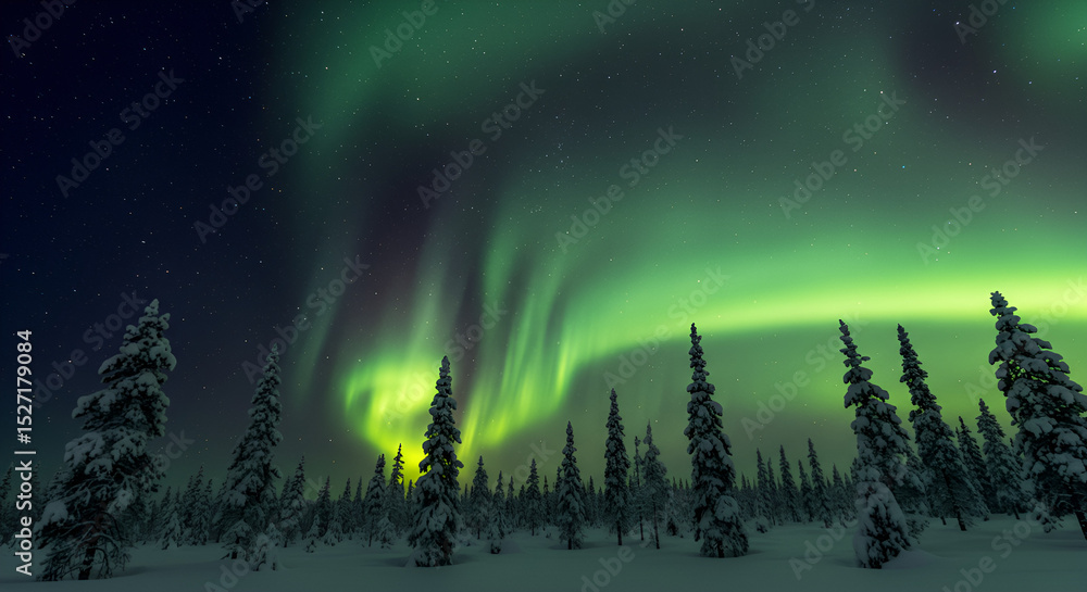 Naklejka premium Stunning Aurora Borealis Display Over Snow-Covered Pine Trees in Remote Winter Wilderness at Night