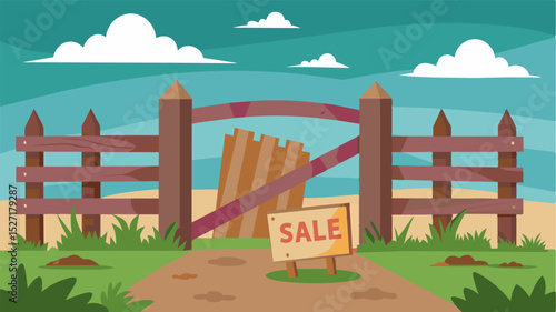 A tattered sign hanging on the farm gate reads For Sale indicating the dire financial situation of the farmer.. Vector illustration
