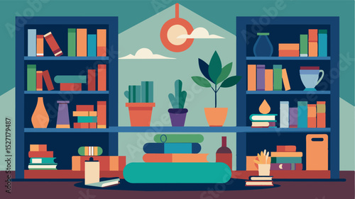 Find a quiet corner in the retreat centers library surrounded by shelves of books on mindfulness and wellness and use it as your designated work space.. Vector illustration