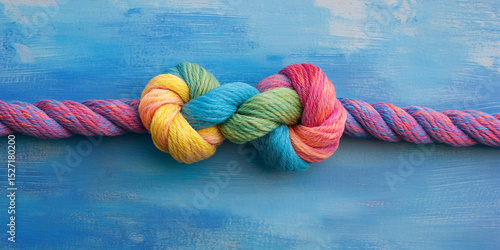Colorful knotted ropes on a blue background symbolize unity